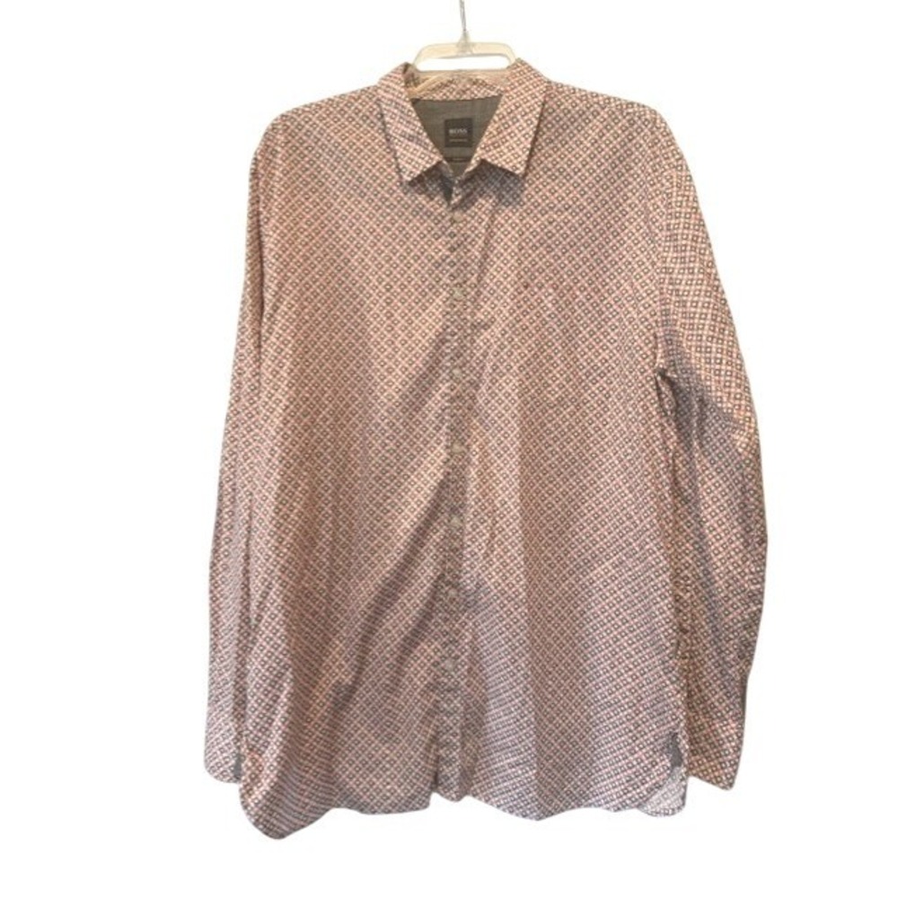 Hugo Boss Mens Slim Fit XXL Geometric Print Long Sleeve Shirt Red White Grey